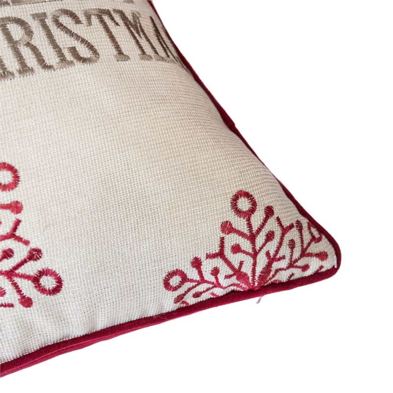 Merry Christmas Throw Pillow Cover Red Reindeer- Off White Linen 20in Square