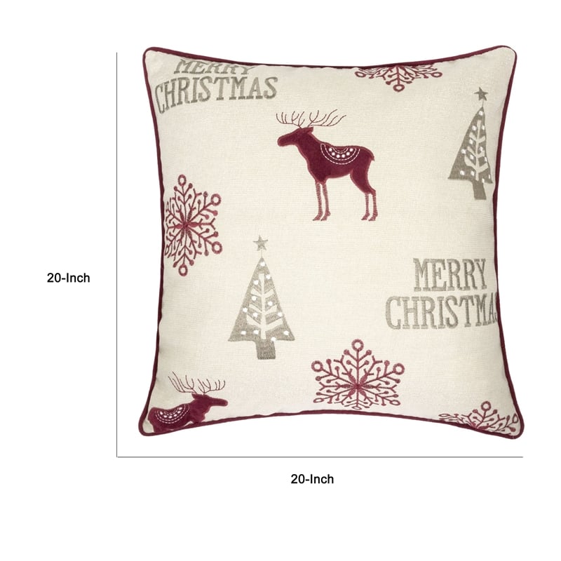 Merry Christmas Throw Pillow Cover Red Reindeer- Off White Linen 20in Square