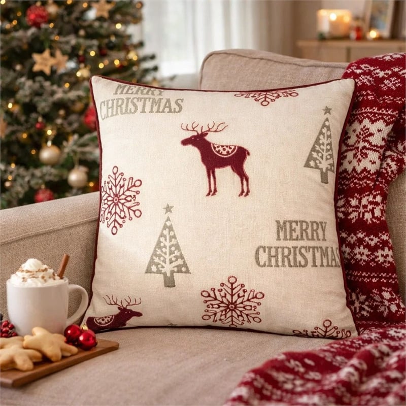 Merry Christmas Throw Pillow Cover Red Reindeer- Off White Linen 20in Square