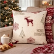 Merry Christmas Throw Pillow Cover Red Reindeer- Off White Linen 20in Square
