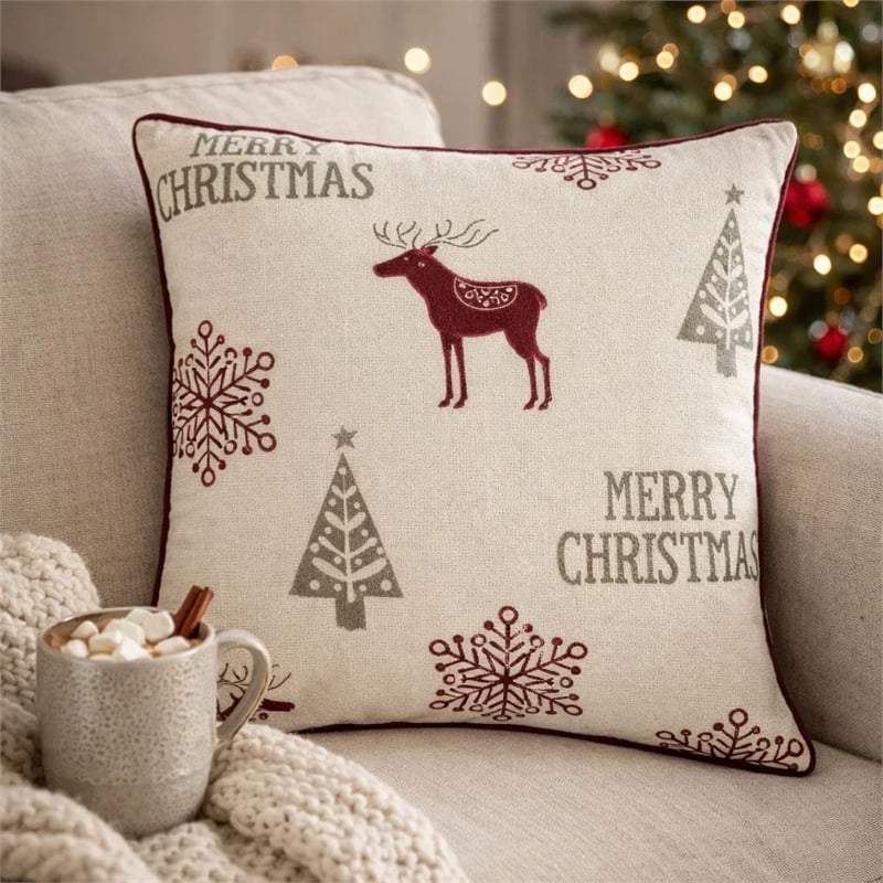 Merry Christmas Throw Pillow Cover Red Reindeer- Off White Linen 20in Square