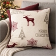 Merry Christmas Throw Pillow Cover Red Reindeer- Off White Linen 20in Square