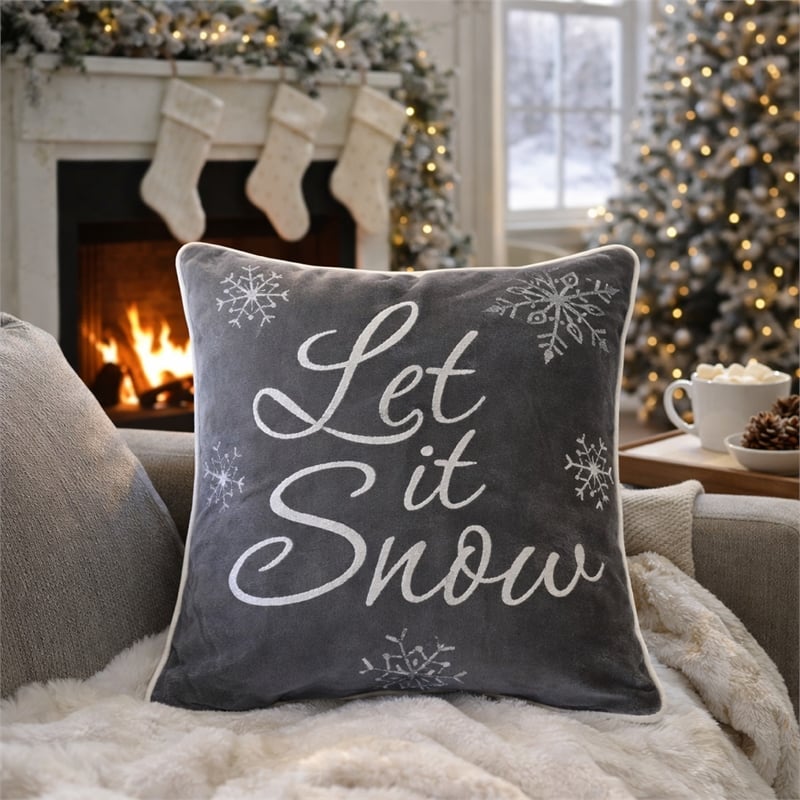 Rola Square Throw Pillow- Let It Snow Embroidery- Gray Cotton 20 Inch