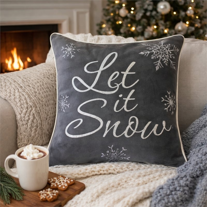 Rola Square Throw Pillow- Let It Snow Embroidery- Gray Cotton 20 Inch