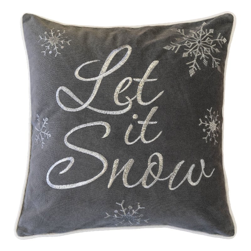 Rola Square Throw Pillow- Let It Snow Embroidery- Gray Cotton 20 Inch
