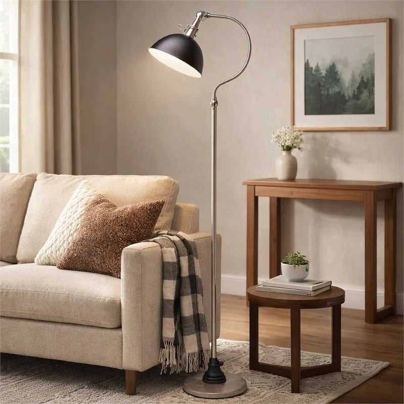 Floor Lamp- Gooseneck Arm and Adjustable Head- Nickel- Black Metal