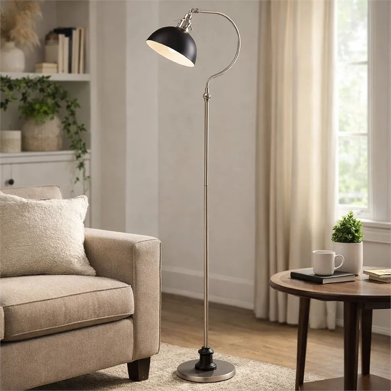 Floor Lamp- Gooseneck Arm and Adjustable Head- Nickel- Black Metal