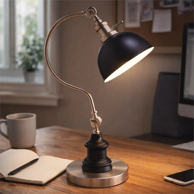 Table Lamp- Gooseneck Arm and Adjustable Head- Nickel- Black Metal