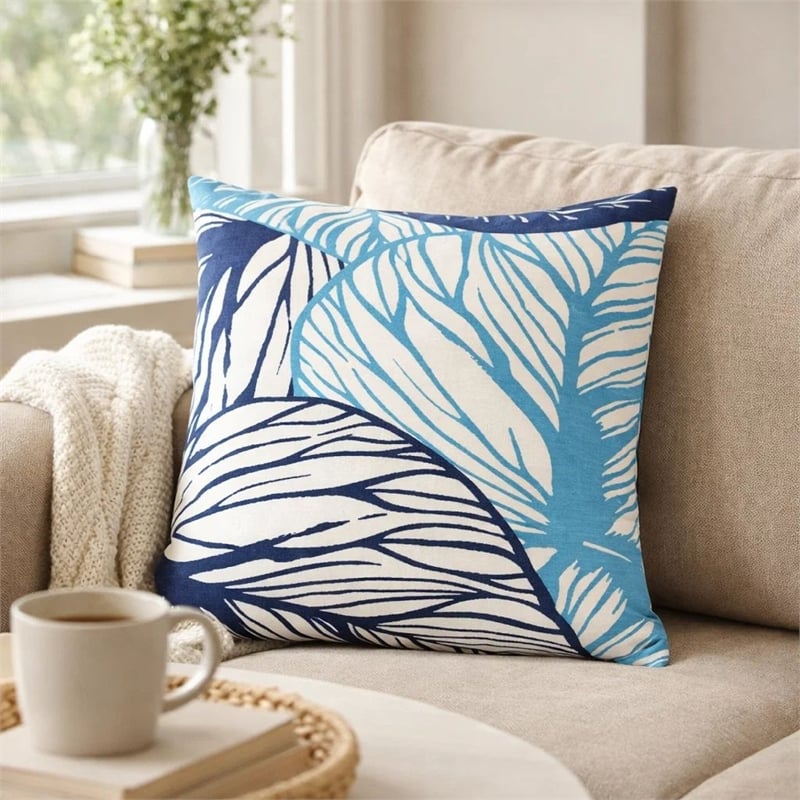 Gey Outdoor Throw Pillow Cover- Blue White Leaf Vein Pattern- 20 Inch Square