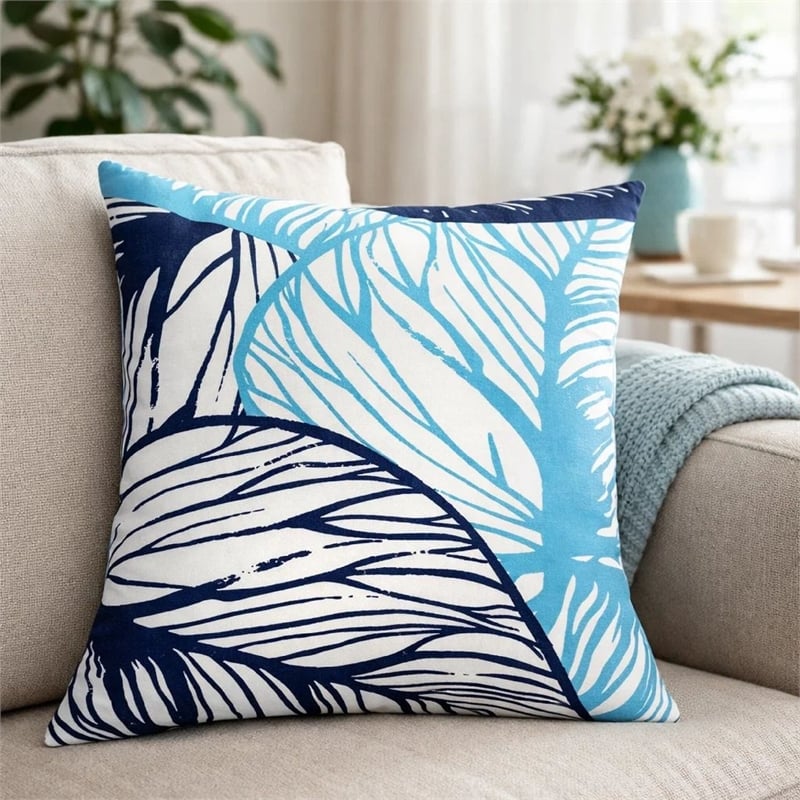 Gey Outdoor Throw Pillow Cover- Blue White Leaf Vein Pattern- 20 Inch Square