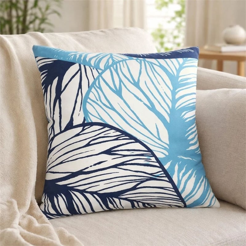 Gey Outdoor Throw Pillow Cover- Blue White Leaf Vein Pattern- 20 Inch Square