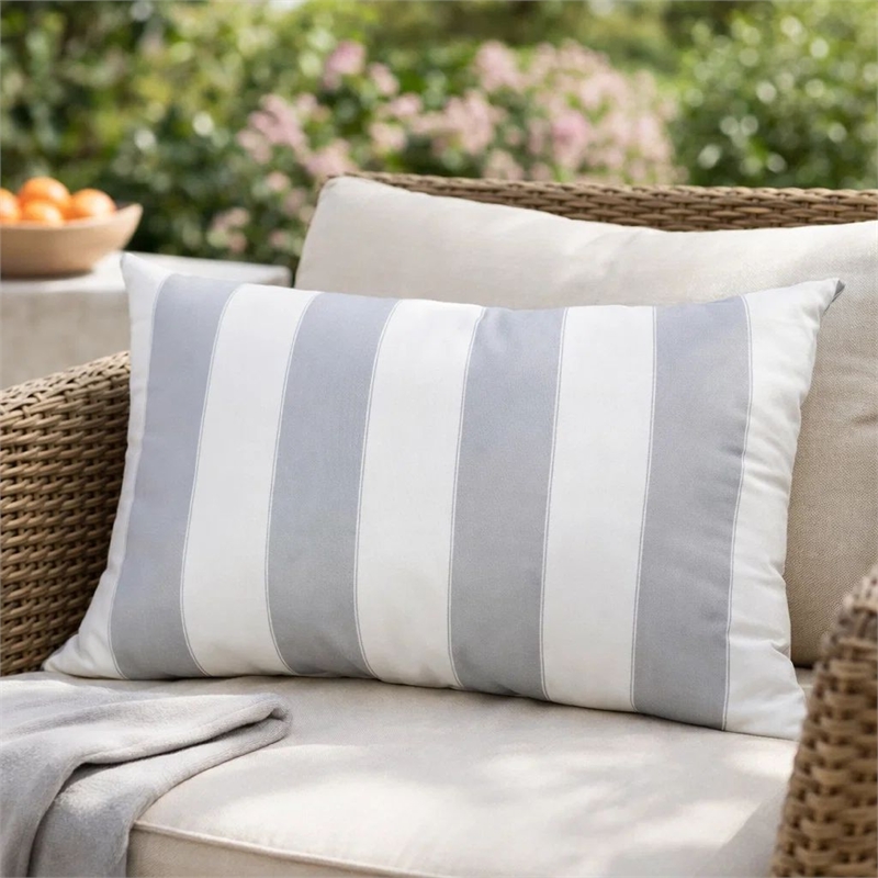 Keo Outdoor Lumbar Pillow- Wide Silver and White Horizontal Stripes- 14x20