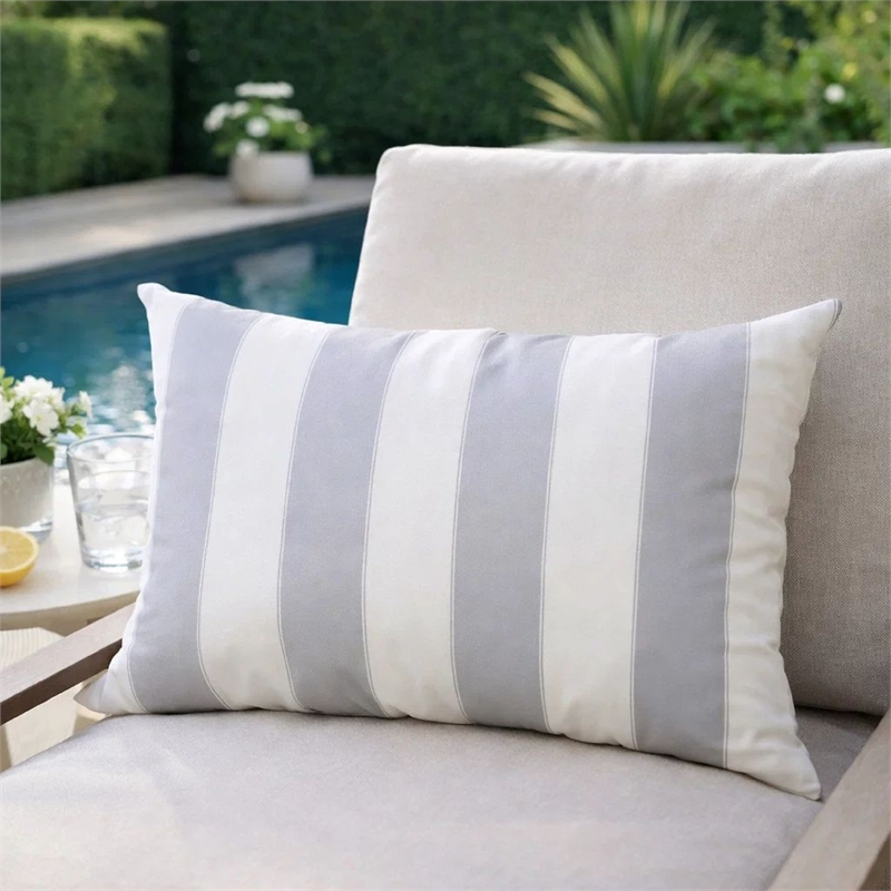 Keo Outdoor Lumbar Pillow- Wide Silver and White Horizontal Stripes- 14x20
