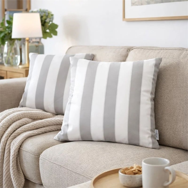 Keo Outdoor Throw Pillow Cover- Silver White Wide Stripes- 20 Inch Square