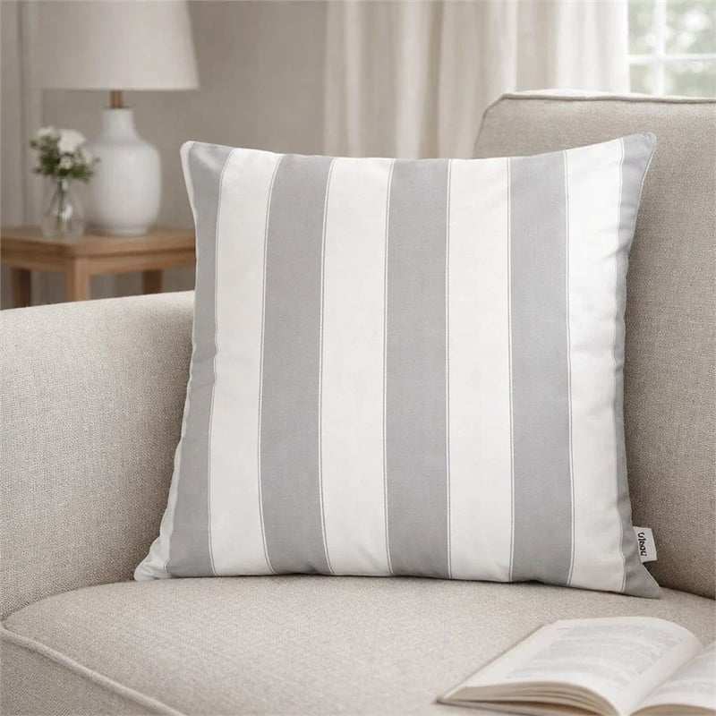 Keo Outdoor Throw Pillow Cover- Silver White Wide Stripes- 20 Inch Square