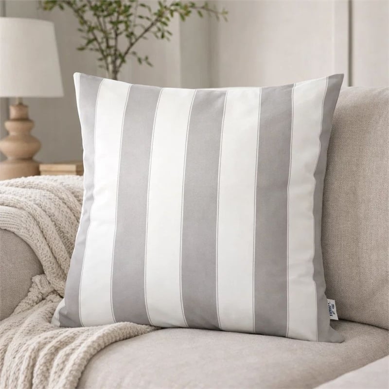 Keo Outdoor Throw Pillow Cover- Silver White Wide Stripes- 20 Inch Square