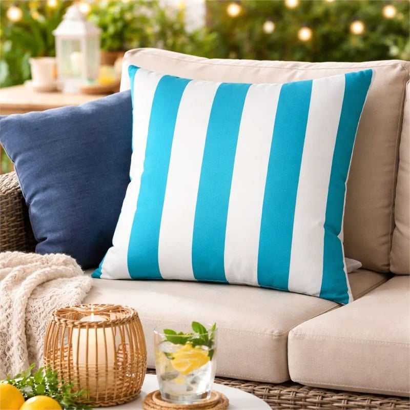Keo Outdoor Throw Pillow- Aqua Blue- White Stripes- 20 Inch Square