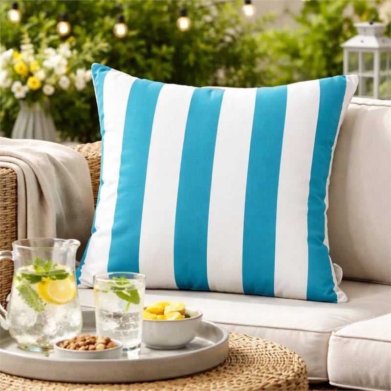 Keo Outdoor Throw Pillow- Aqua Blue- White Stripes- 20 Inch Square
