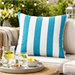 Keo Outdoor Throw Pillow- Aqua Blue- White Stripes- 20 Inch Square