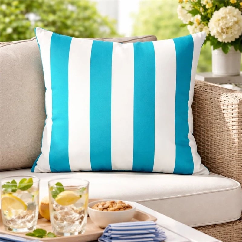 Keo Outdoor Throw Pillow- Aqua Blue- White Stripes- 20 Inch Square