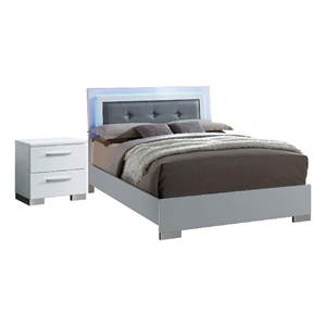 Queen Bedroom Set in White & Black Wood- 2 Piece Set with Nightstand