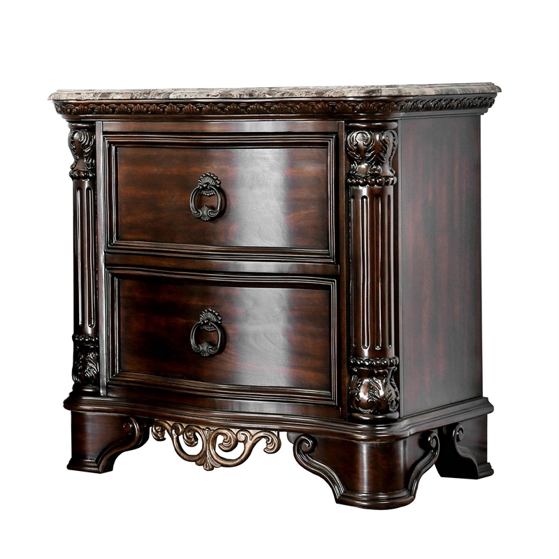 Queen Bedroom Set in Brown Cherry & Gold Wood- 2 Piece Set with Nightstand