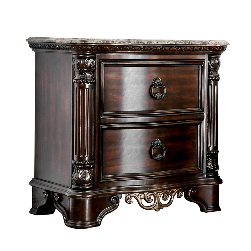 Queen Bedroom Set in Brown Cherry & Gold Wood- 2 Piece Set with Nightstand