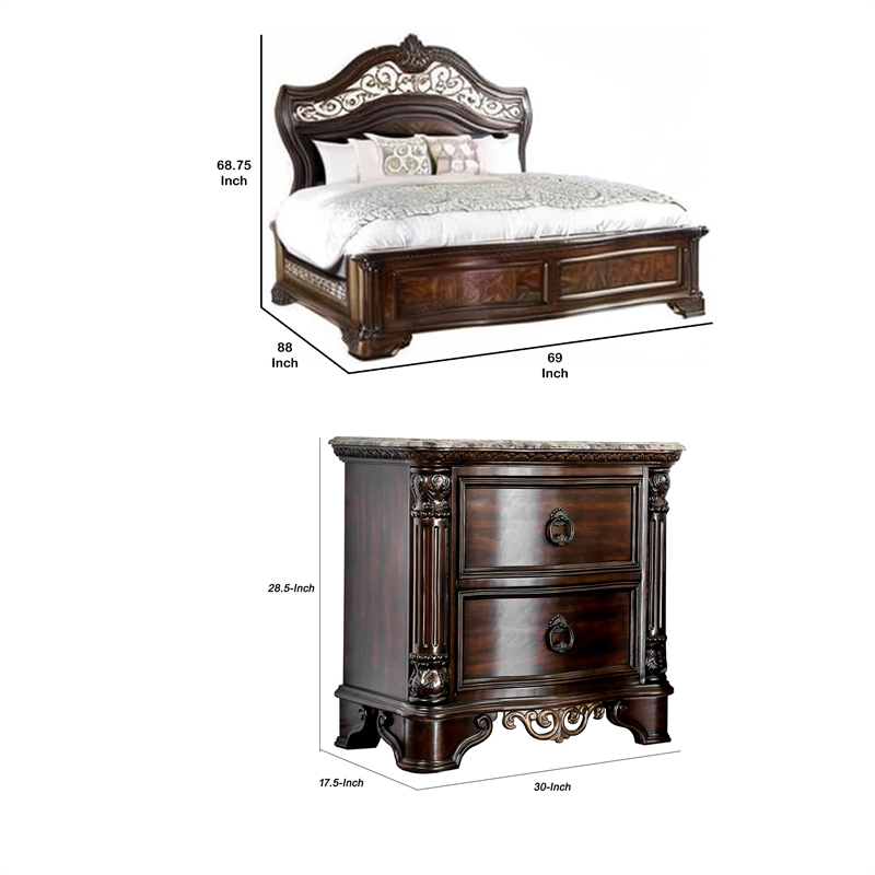 Queen Bedroom Set in Brown Cherry & Gold Wood- 2 Piece Set with Nightstand