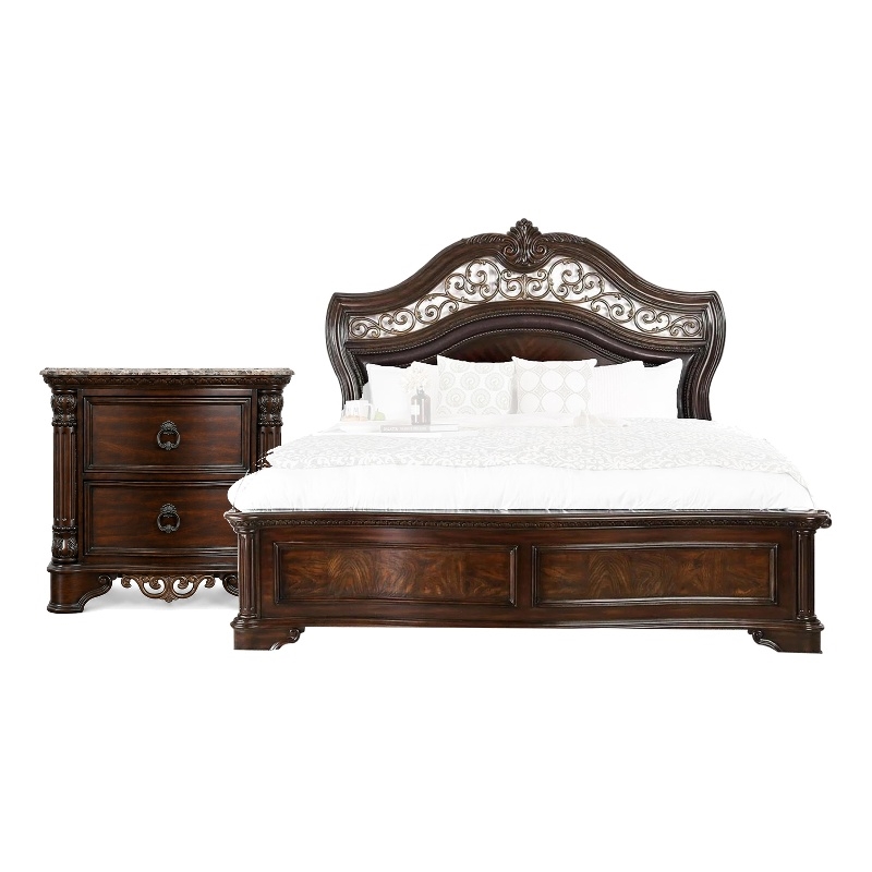 Queen Bedroom Set in Brown Cherry & Gold Wood- 2 Piece Set with Nightstand
