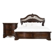 Queen Bedroom Set in Brown Cherry & Gold Wood- 2 Piece Set with Nightstand