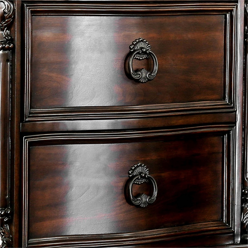 Queen Bedroom Set in Brown Cherry & Gold Wood- 3 Piece Set with 2 Nightstands