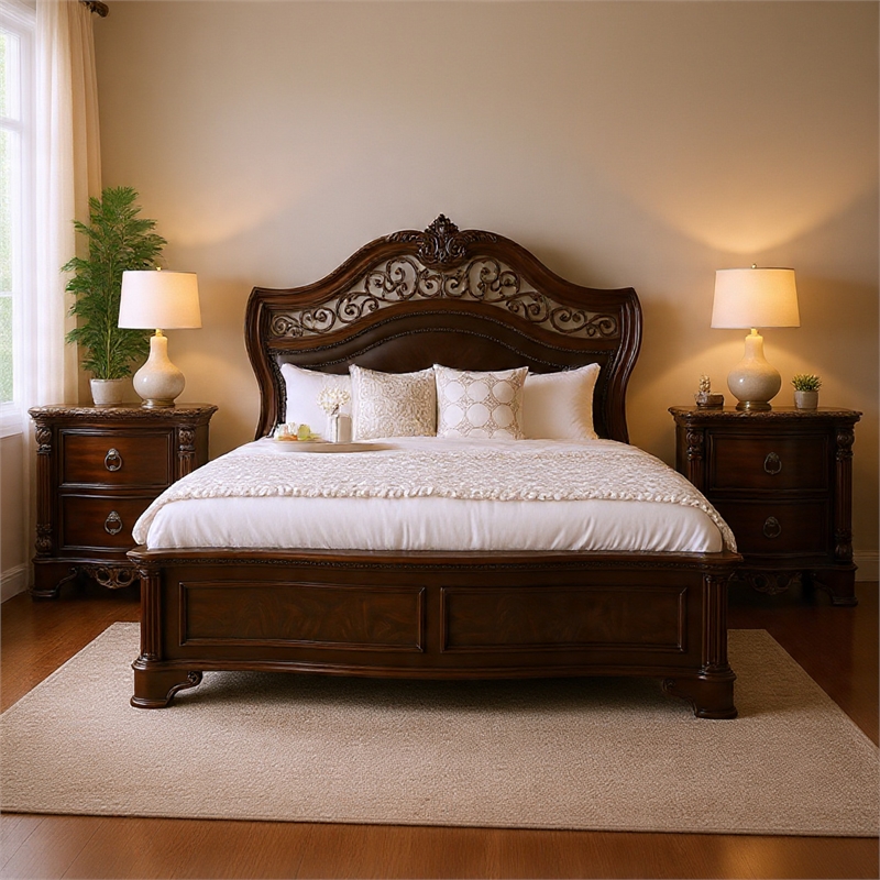 Queen Bedroom Set in Brown Cherry & Gold Wood- 3 Piece Set with 2 Nightstands