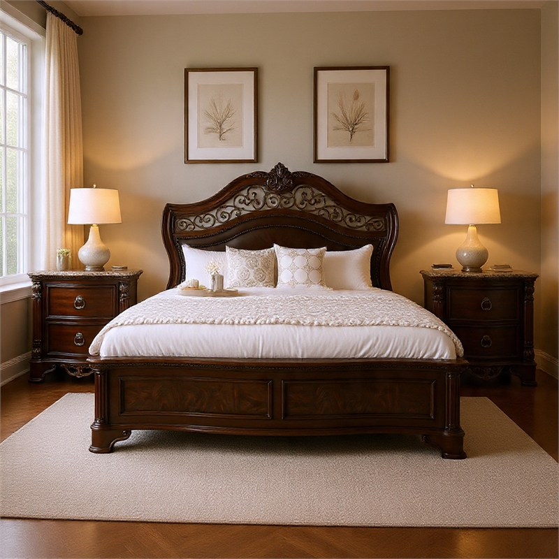 Queen Bedroom Set in Brown Cherry & Gold Wood- 3 Piece Set with 2 Nightstands