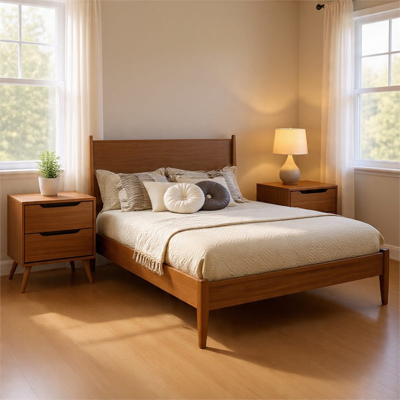Queen Bedroom Set in Oak Brown Wood - 3 Piece Set with 2 Nightstands