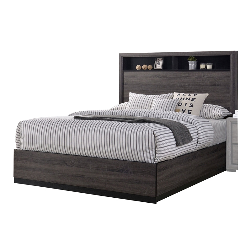 Queen Bedroom Set in Gray & Black Wood - 2 Piece Set with Nightstand