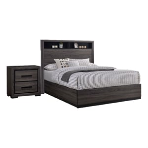 Queen Bedroom Set in Gray & Black Wood - 2 Piece Set with Nightstand