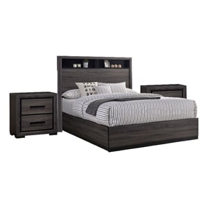 Queen Bedroom Set in Gray & Black Wood - 3 Piece Set with 2 Nightstands