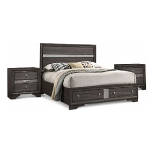 Queen Bedroom Set in Gray Silver w Brown Wood Accent-3 Piece Set w 2 Nightstand