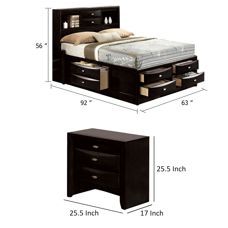 Queen Bedroom Set in Black & Nickel Wood - 2 Piece Set with Nightstand