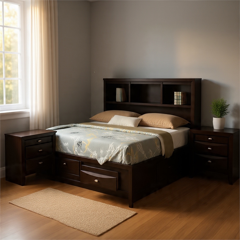 Queen Bedroom Set in Black & Nickel Wood - 2 Piece Set with Nightstand