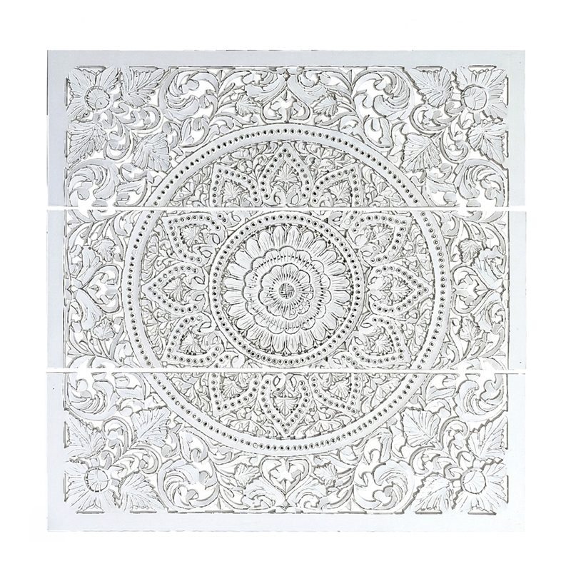 Benzara Josa Mandala Floral Wood Panel in Antique White Finish (3 Piece)