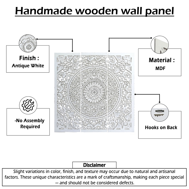 Benzara Josa Mandala Floral Wood Panel in Antique White Finish (3 Piece)
