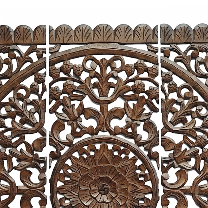 Benzara Josa Mandala Floral Carving Wood Panel in Brown Finish (3 Piece)
