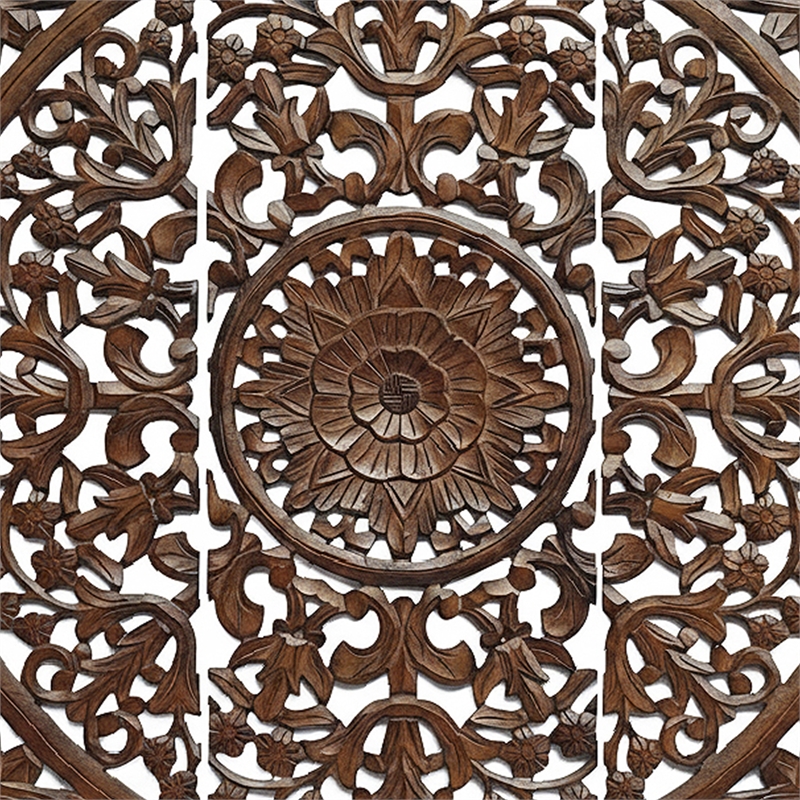 Benzara Josa Mandala Floral Carving Wood Panel in Brown Finish (3 Piece)