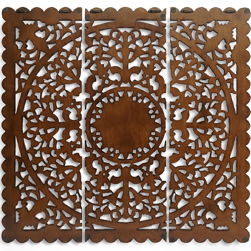 Benzara Josa Mandala Floral Carving Wood Panel in Brown Finish (3 Piece)