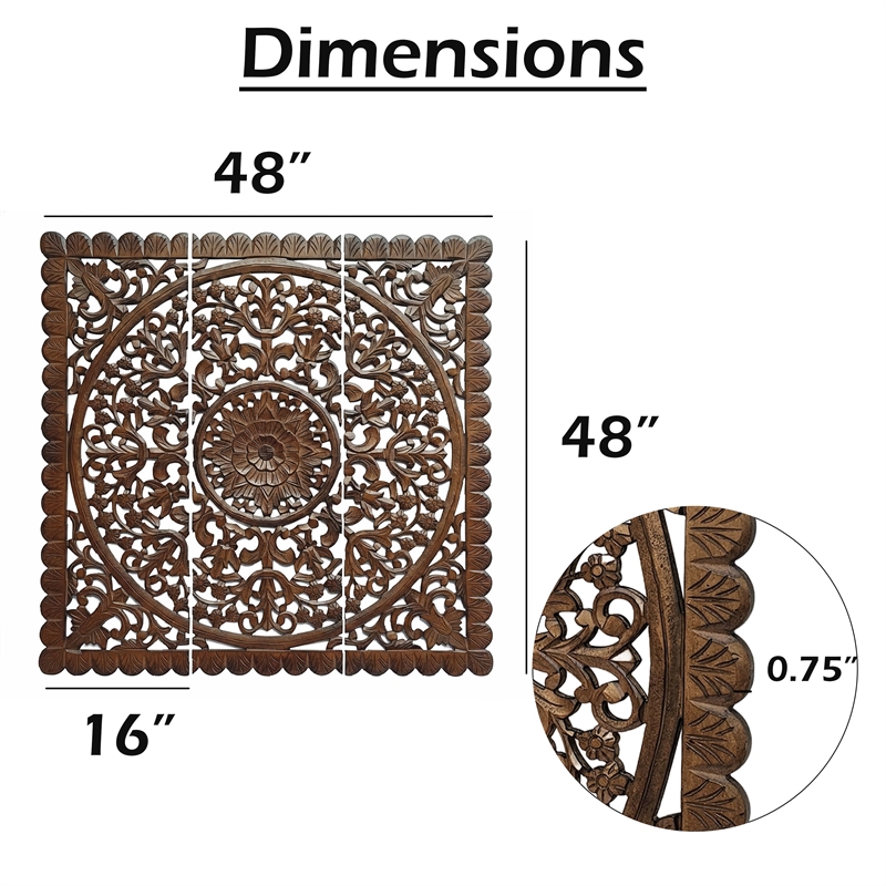 Benzara Josa Mandala Floral Carving Wood Panel in Brown Finish (3 Piece)