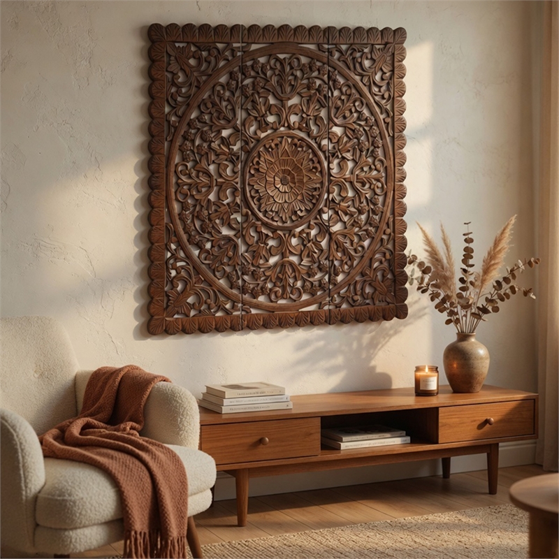 Benzara Josa Mandala Floral Carving Wood Panel in Brown Finish (3 Piece)