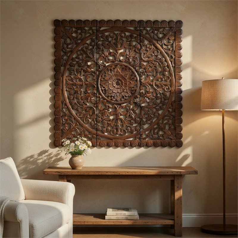 Benzara Josa Mandala Floral Carving Wood Panel in Brown Finish (3 Piece)