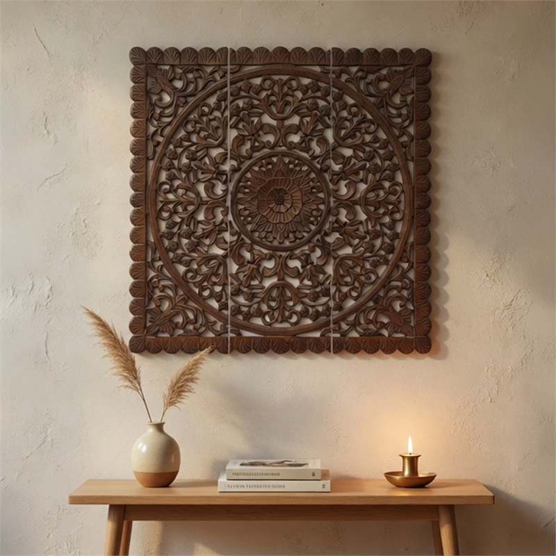 Benzara Josa Mandala Floral Carving Wood Panel in Brown Finish (3 Piece)