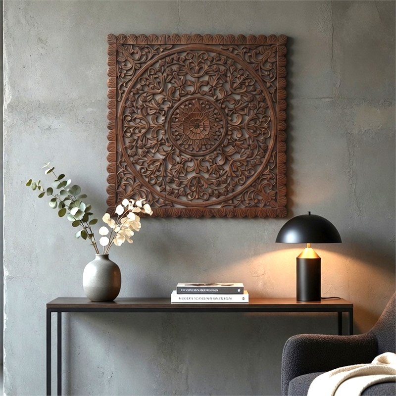 Benzara Josa Mandala Floral Carving Wood Panel in Brown Finish (3 Piece)